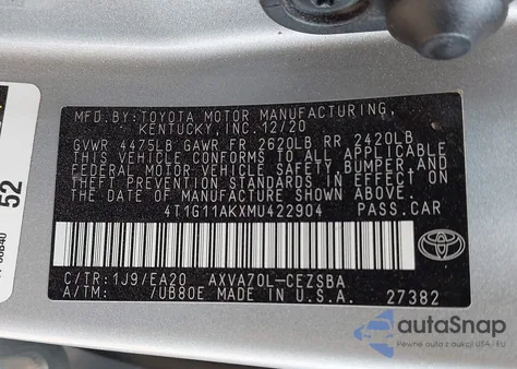 2021 Toyota Camry Se from USA, damaged, VIN 4T1G11AKXMU422904